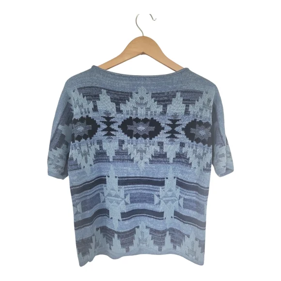 Chaps Denim Blue Aztec Knit Short Sleeve Pullover Sweater Top L - Picture 4 of 5